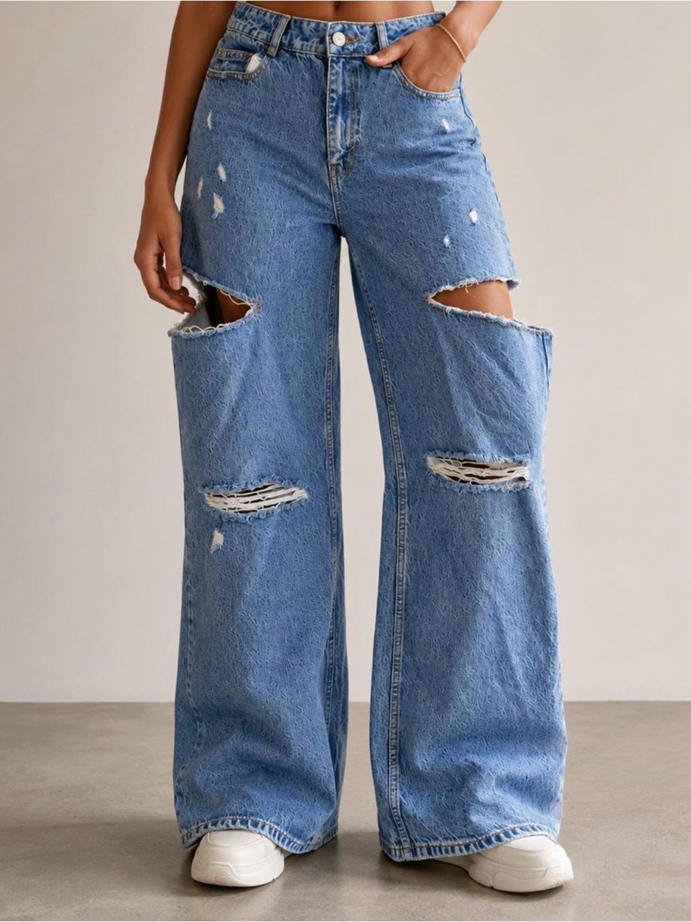 Zara Light Blue Distressed Wide-Leg Jeans